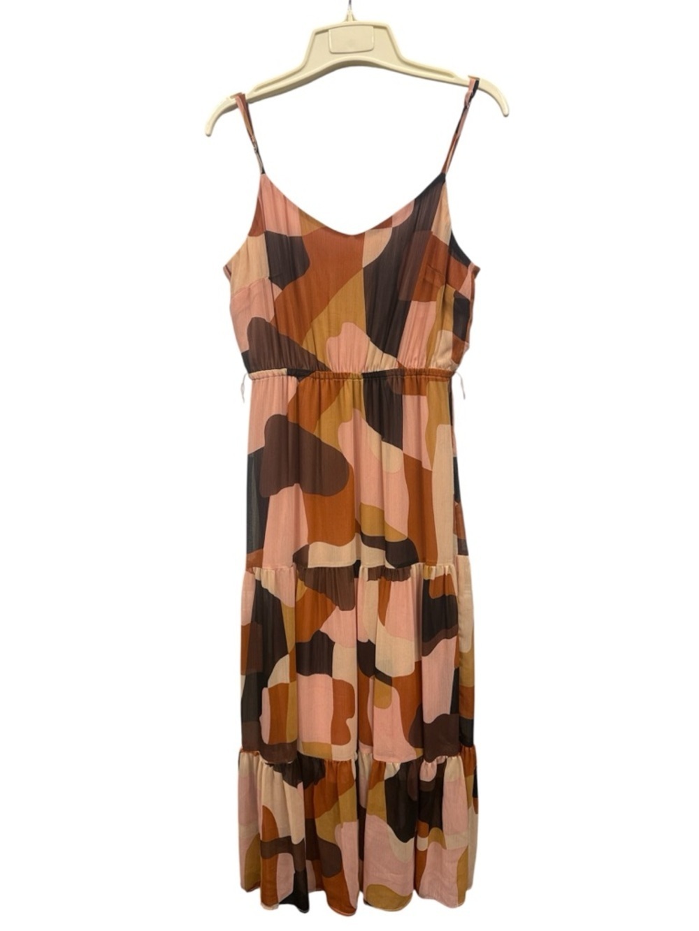 Anne Klein Multicolor Camouflage Tiered Spaghetti-Strap Belted Maxi Dress Size 4
